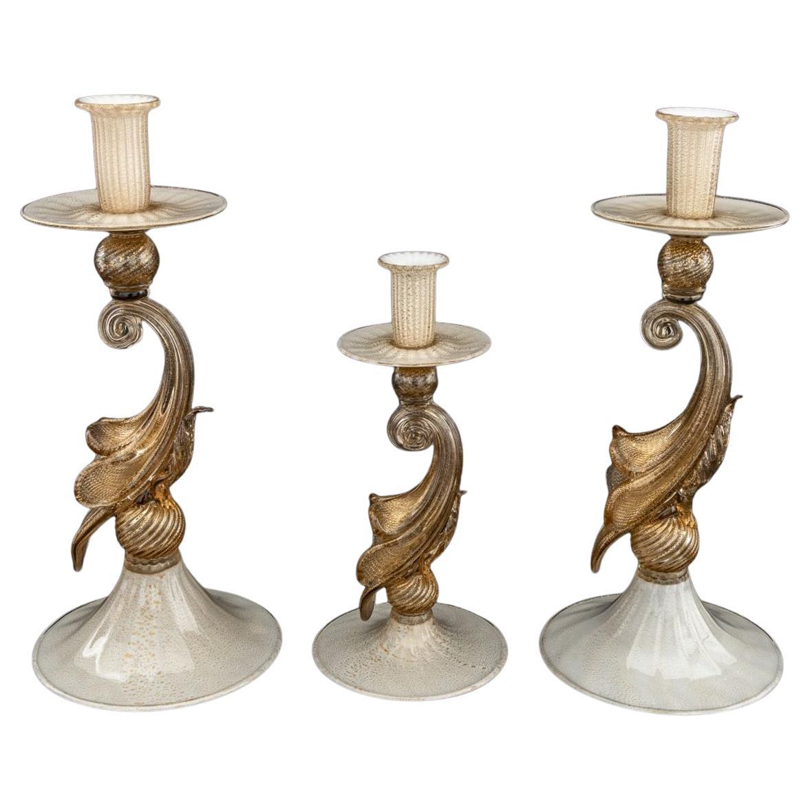 Murano Gold-Flecked Glass Candlesticks, 3 For Sale