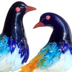 Murano Gold Flecks Applied Feather Italian Art Glass Bird Figures Sculptures