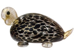 Murano Gold Flecks Black Spots Italian Art Glass Turtle Figure Paperweight