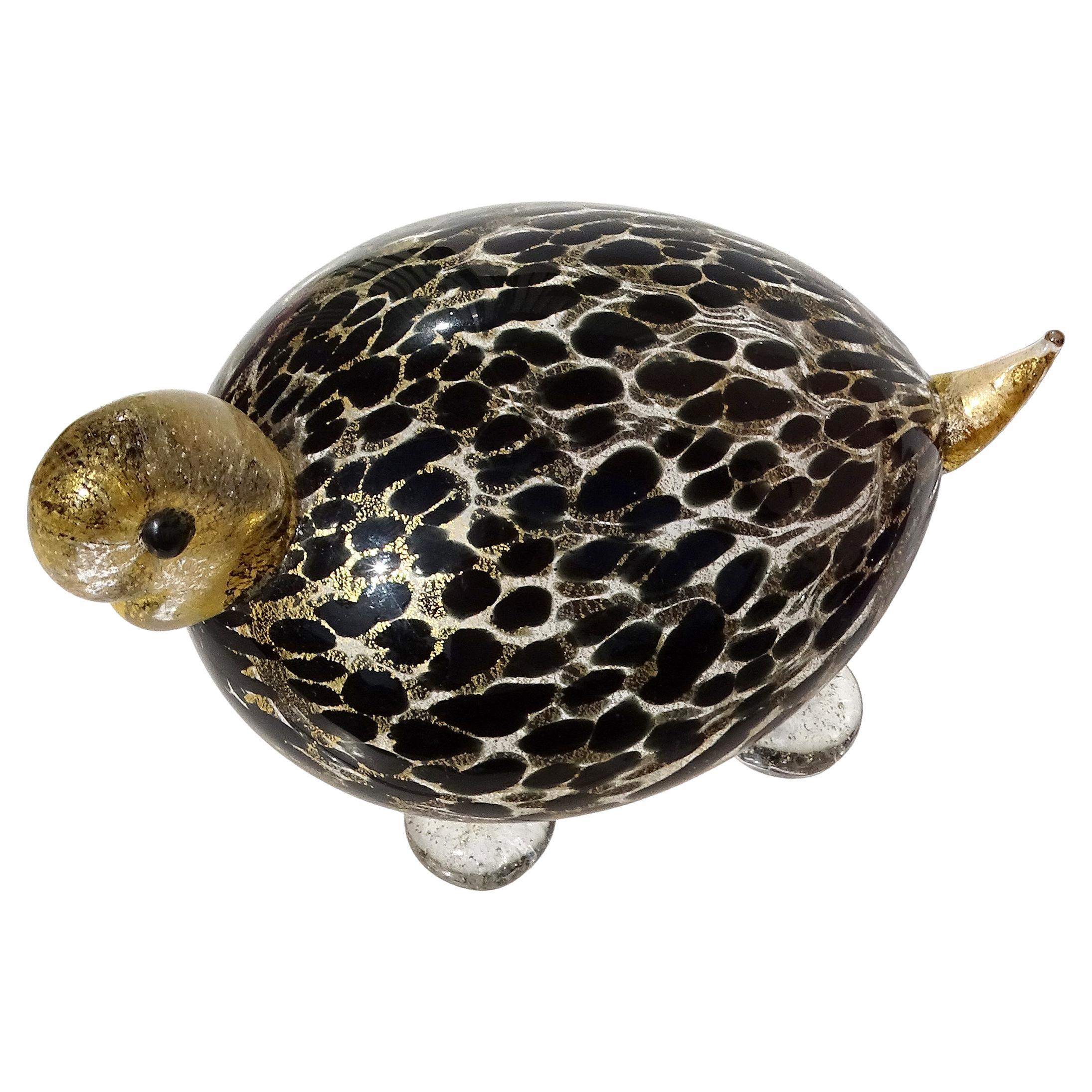 Murano Gold Flecks Black Spots Italian Art Glass Turtle Figure Paperweight
