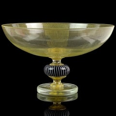 Murano Gold Flecks Black White Italian Art Glass Footed Compote Centerpiece Bowl