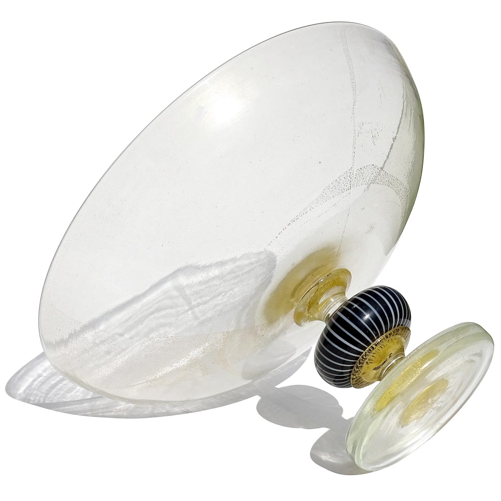 Mid-Century Modern Murano Gold Flecks Black White Italian Art Glass Footed Compote Centerpiece Bowl