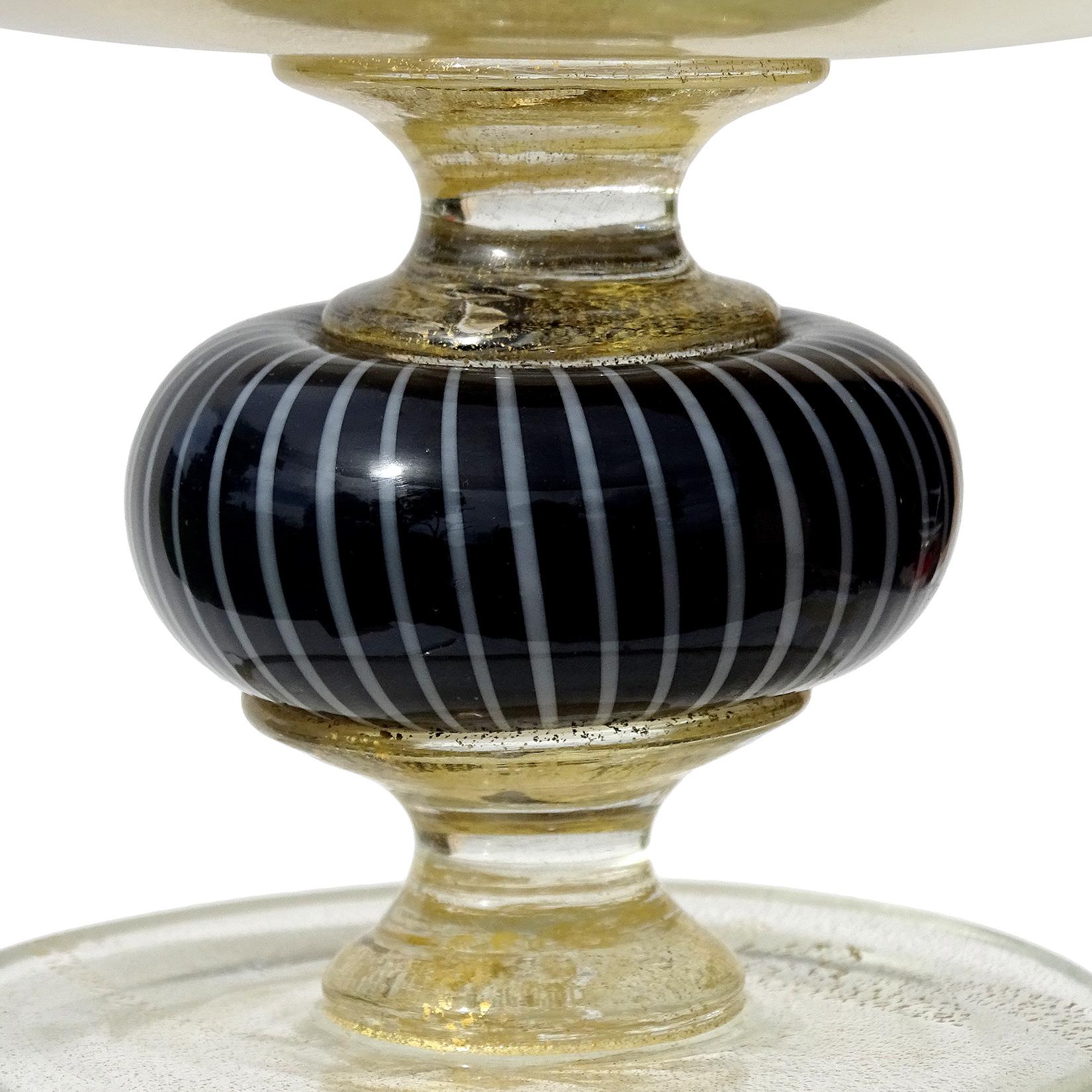 Hand-Crafted Murano Gold Flecks Black White Italian Art Glass Footed Compote Centerpiece Bowl