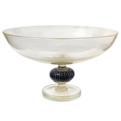 Murano Gold Flecks Black White Italian Art Glass Footed Compote Centerpiece Bowl