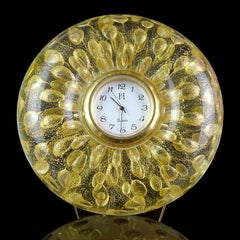 Murano Gold Flecks Bubbles Italian Art Glass Decorative Round Desk Clock