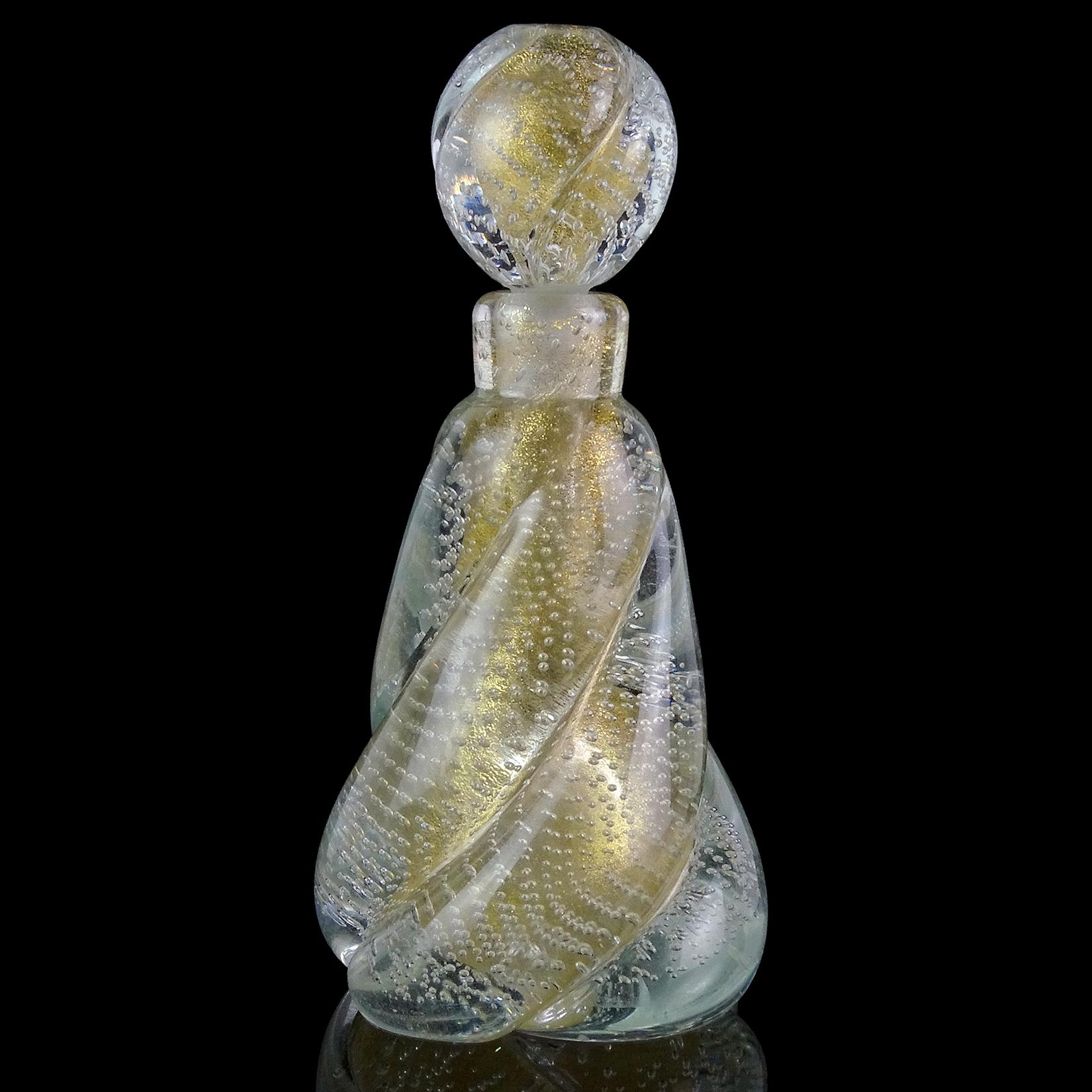 Beautiful Murano hand blown clear, gold flecks and bubbles Italian art glass perfume bottle. Attributed to the Seguso Vetri D'Arte company, in the 