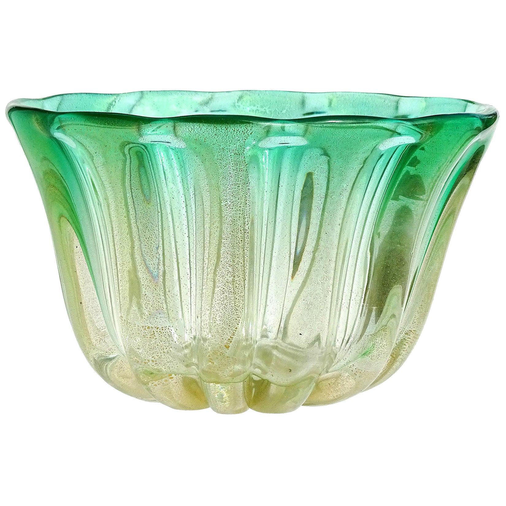 Murano Gold Flecks Green Sommerso Italian Art Glass Decorative Bowl Flower Vase For Sale