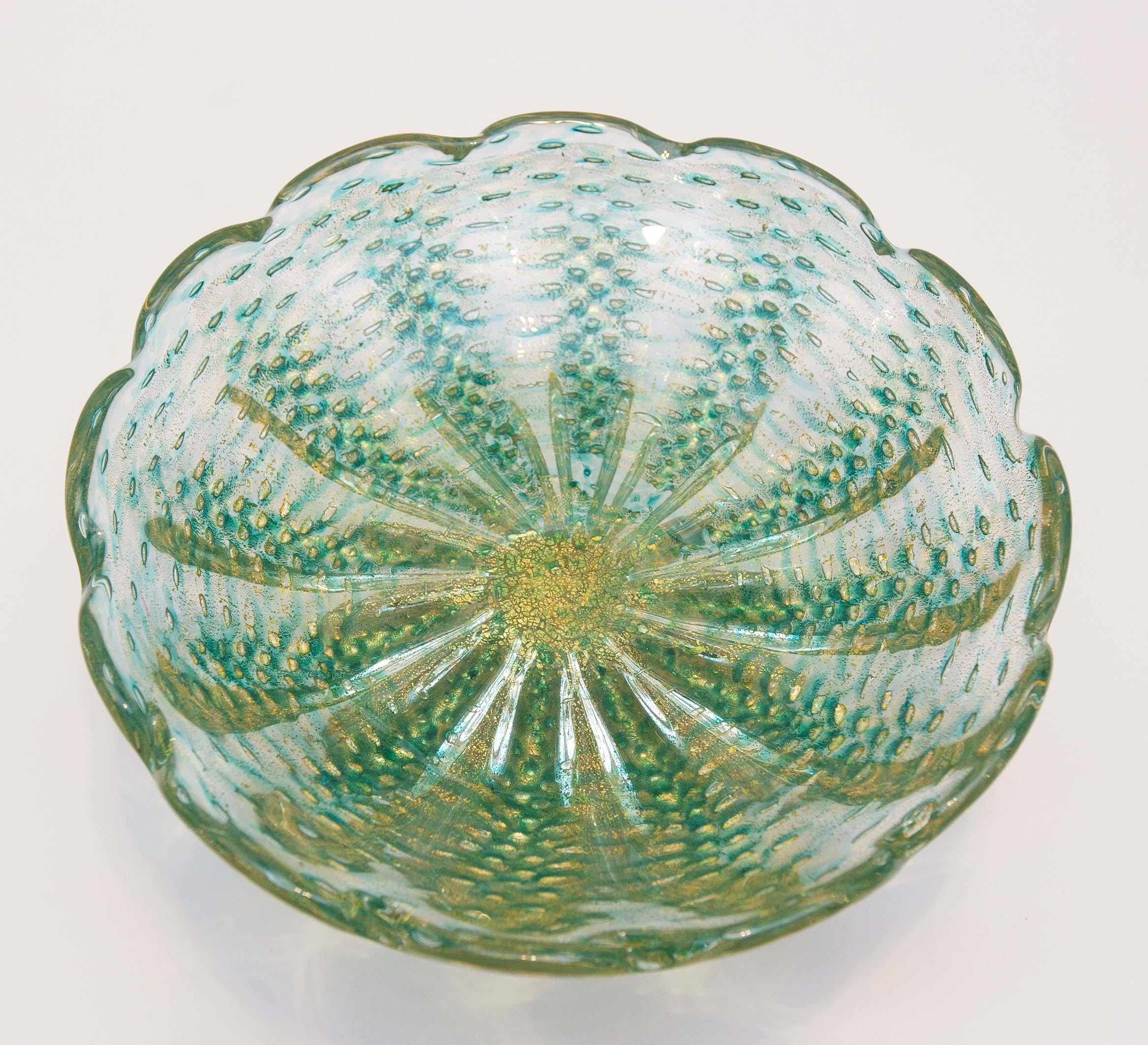 Mid-Century Modern Murano Gold Flecks Italian Art Glass Footed Compote Bowl