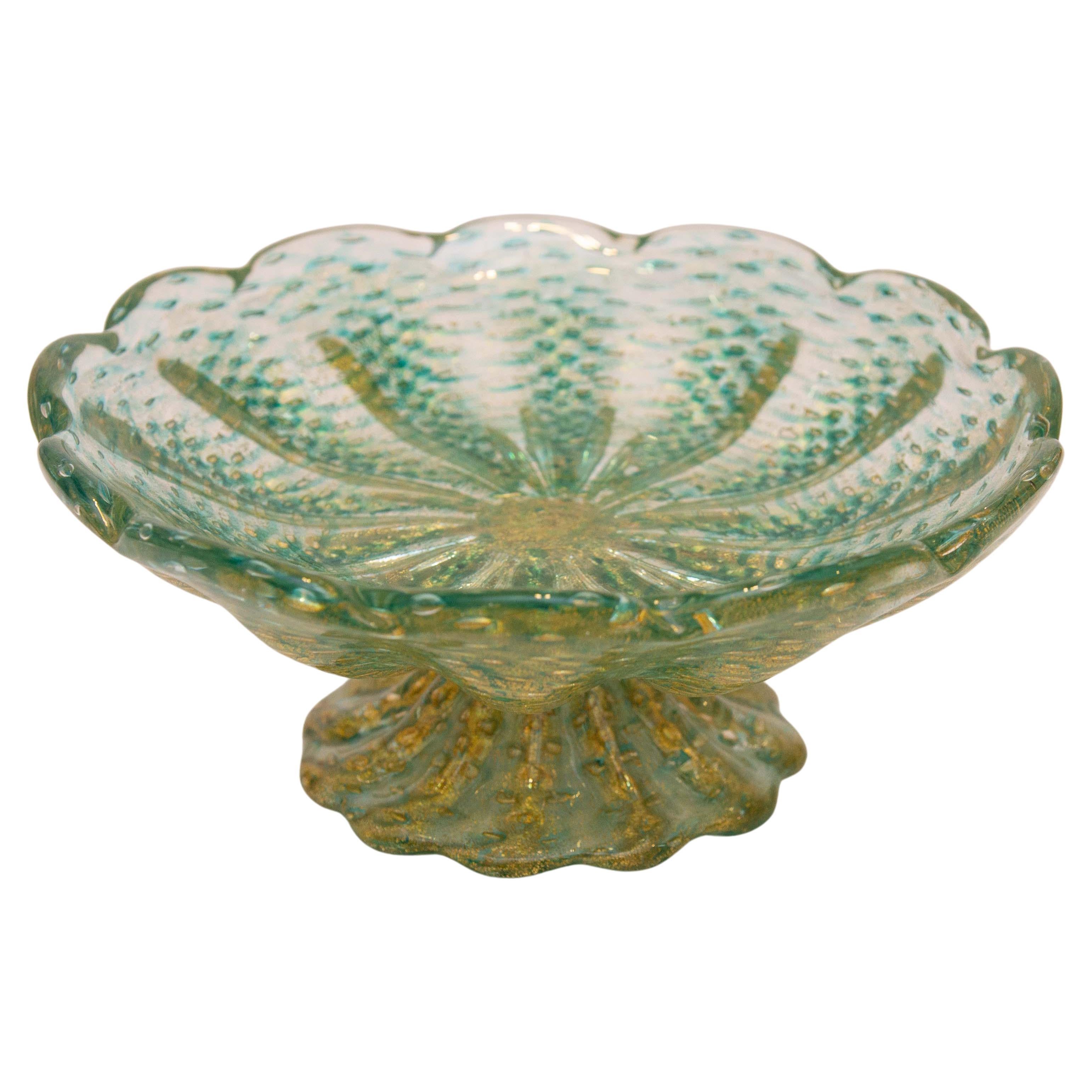 Murano Gold Flecks Italian Art Glass Footed Compote Bowl
