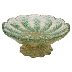 Murano Gold Flecks Italian Art Glass Footed Compote Bowl