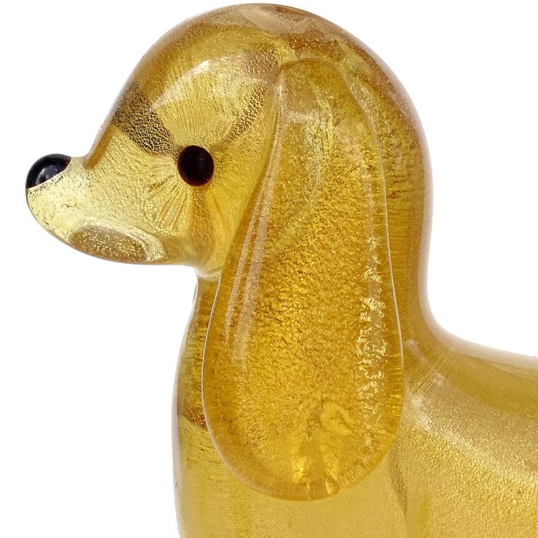 Mid-Century Modern Murano Gold Flecks Italian Art Glass Standing Puppy Dog Figurine Sculpture For Sale