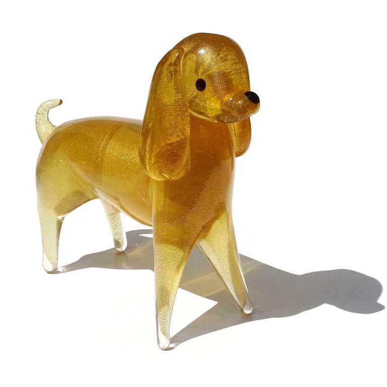 Hand-Crafted Murano Gold Flecks Italian Art Glass Standing Puppy Dog Figurine Sculpture For Sale