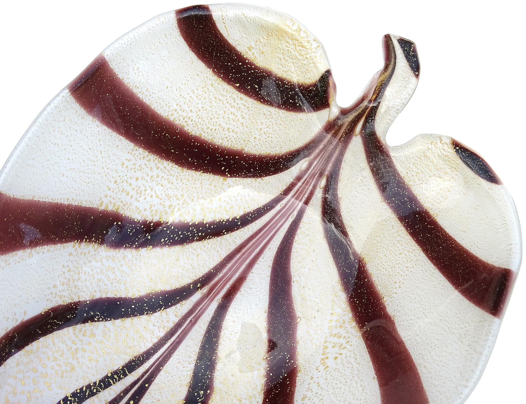 Mid-Century Modern Murano Gold Flecks Purple Stripes Italian Art Glass Leaf Shape Centerpiece Bowl