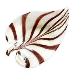Murano Gold Flecks Purple Stripes Italian Art Glass Leaf Shape Centerpiece Bowl