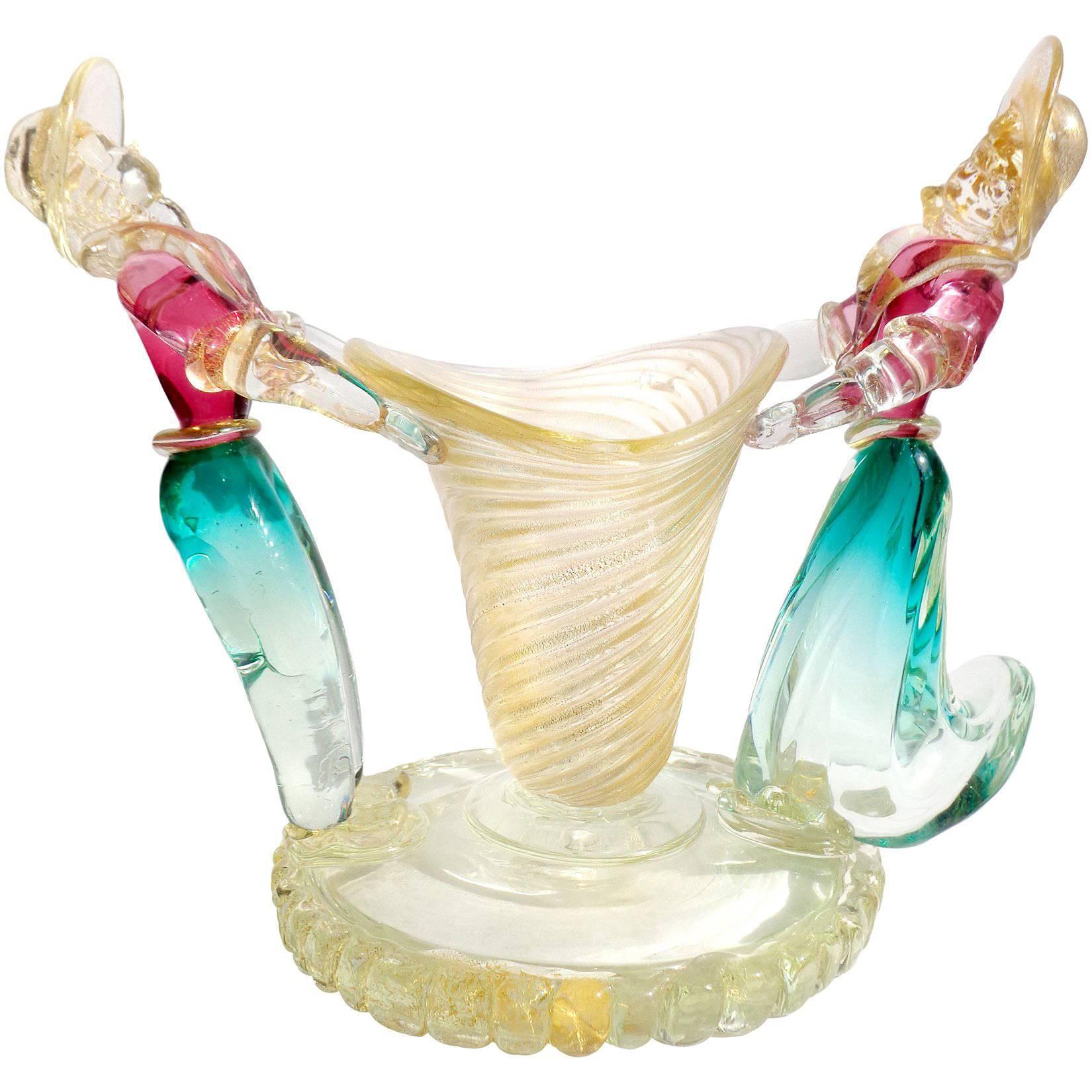 Murano Gold Flecks Sommerso Man Woman Italian Art Glass Centerpiece Flower Vase For Sale at 1stDibs