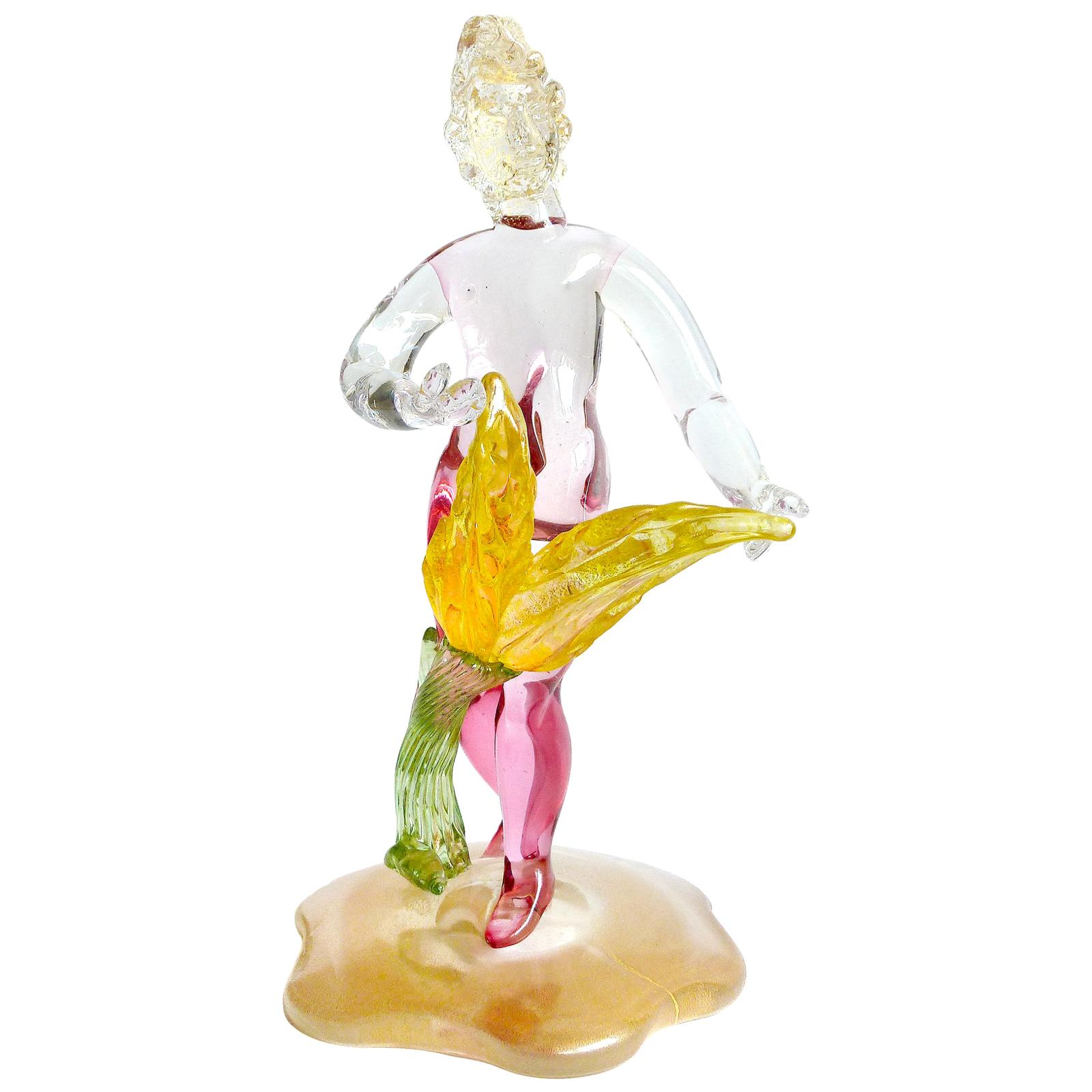 Murano Goldflecken Sommerso Rosa Garten Nymphe Italienische Kunst Glas Figur Skulptur im Angebot