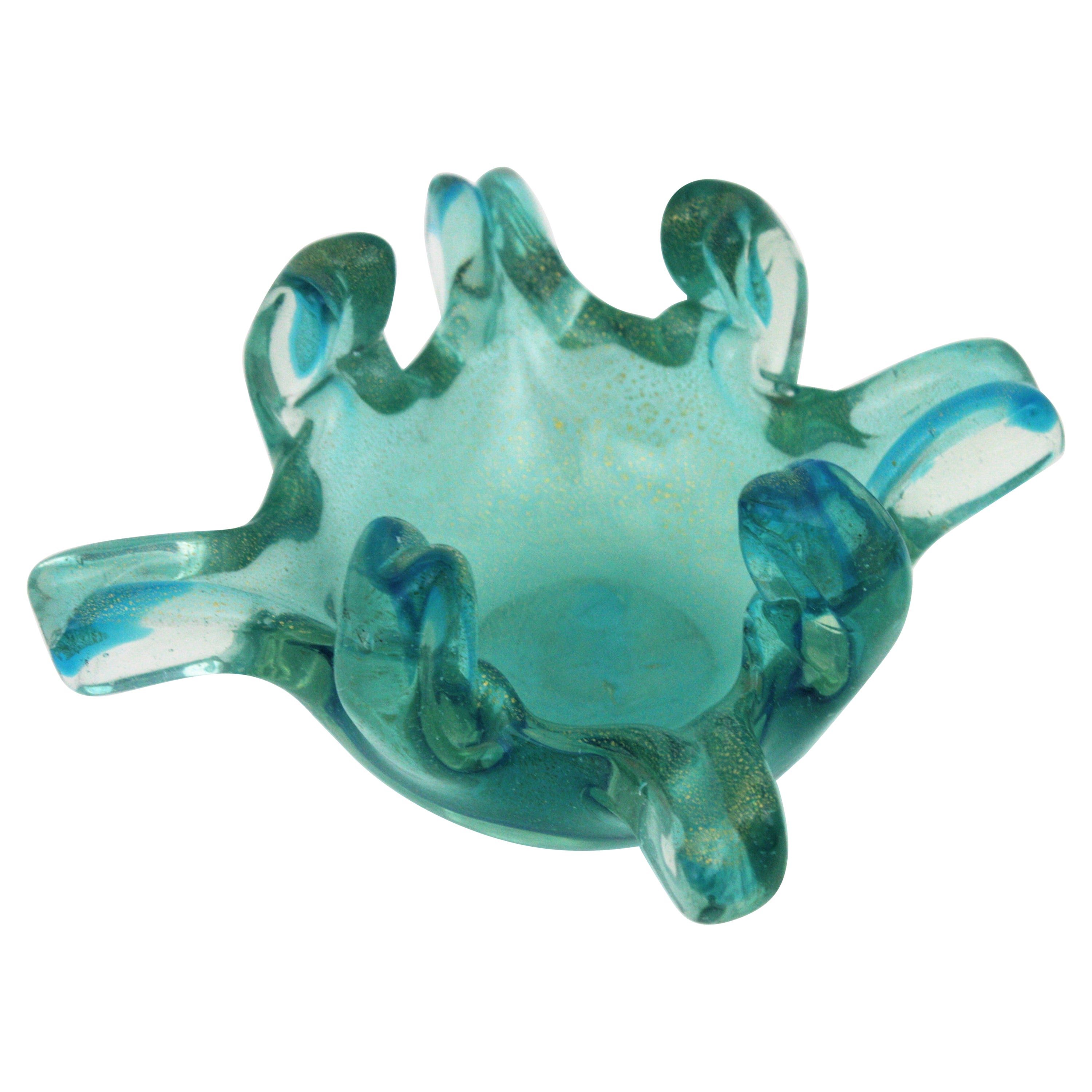 Mid-Century moderno Ciotola in vetro artistico italiano di Murano con fiocchi d'oro e blu turchese, bordo a forma di dita in vendita