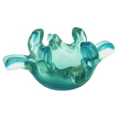 Ciotola in vetro artistico italiano di Murano con fiocchi d'oro e blu turchese, bordo a forma di dita