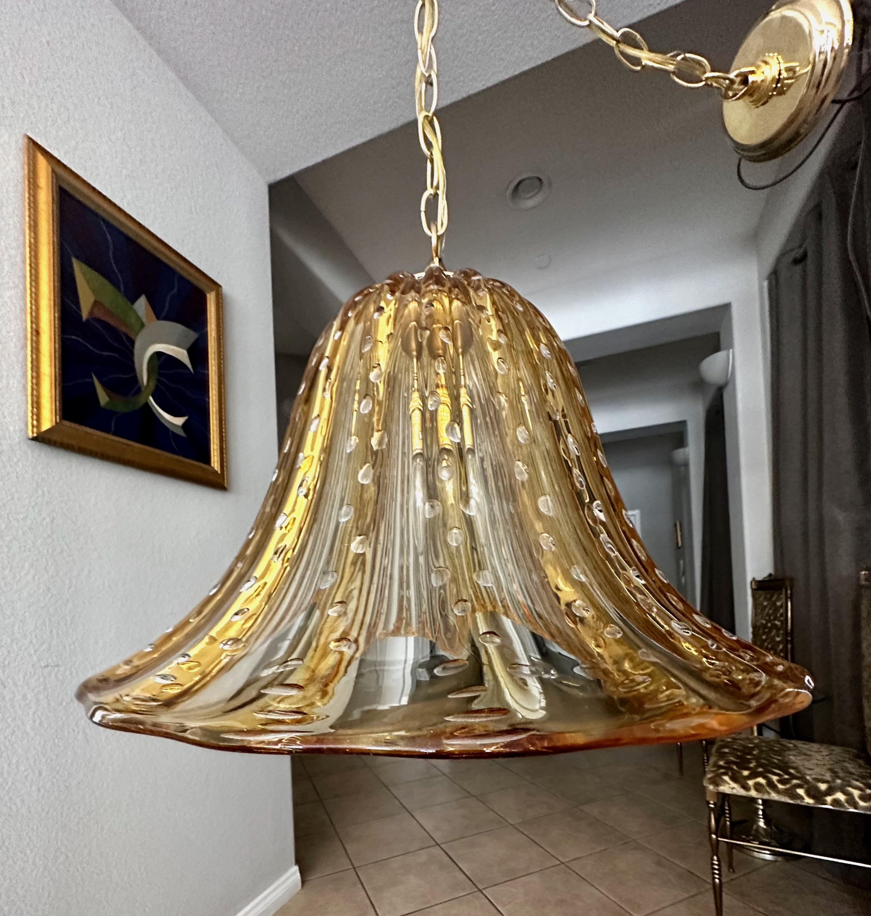 Brass Murano Gold Glass Bell Shaped Chandelier or Pendant For Sale