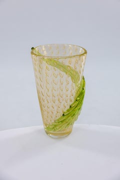 Murano Gold Leaf Bullicante Glass Vase With Green Leaf by Giovanni Dalla Fina