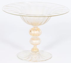 Murano Gold Leaf Glass Centerpiece Bowl with Ribbed Stem, Italy, 1980s