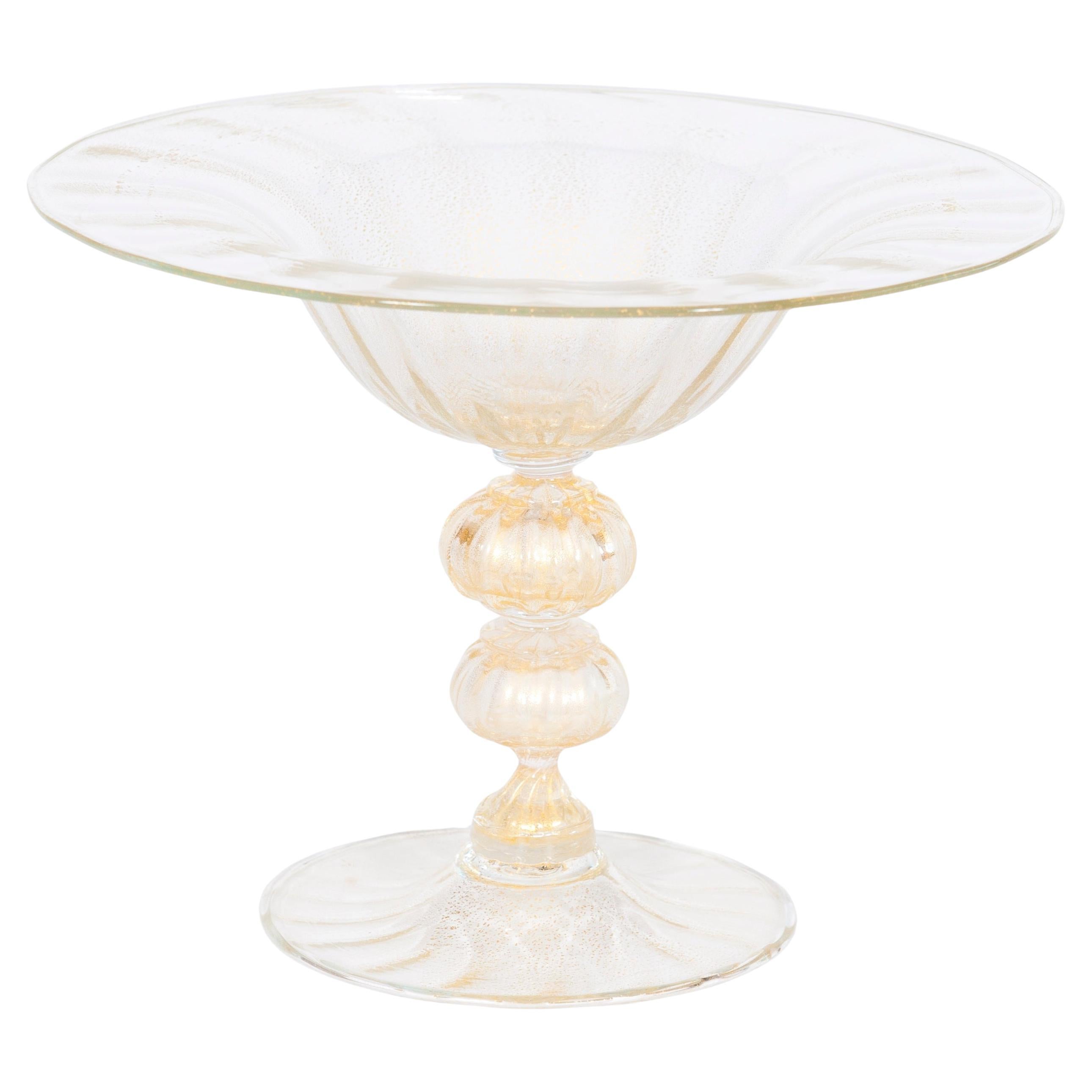 Murano Gold Leaf Glass Centerpiece Bowl with Ribbed Stem, Italy, 1980s