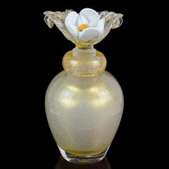 Murano Gold Leaf over White Flower Top Italian Art Glass Vanity Perfume Bottle