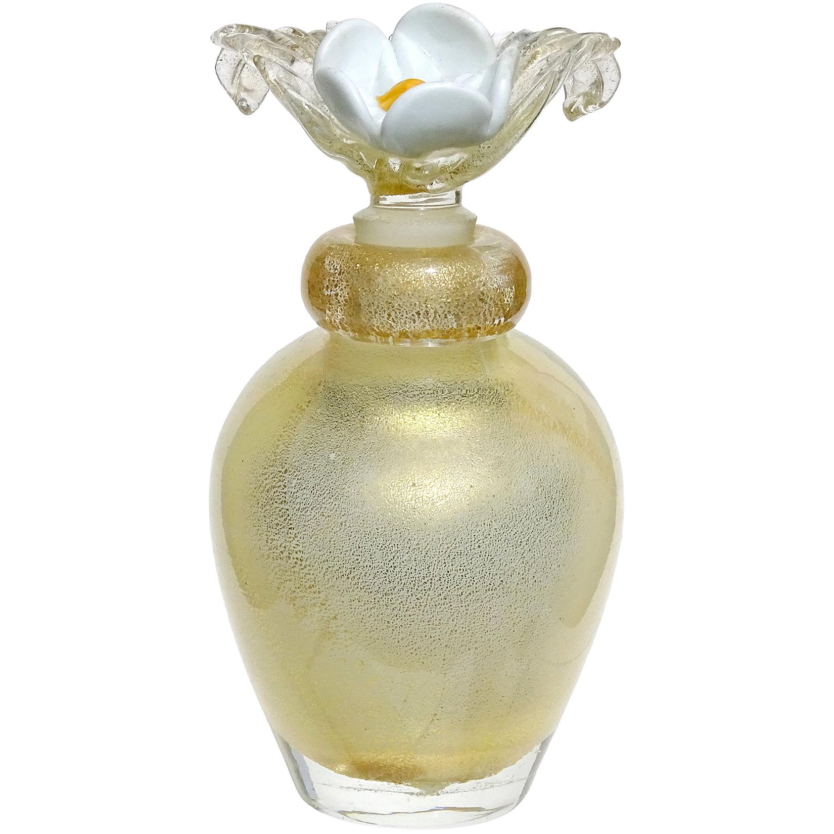Murano Gold Leaf over White Flower Top Italian Art Glass Vanity Perfume Bottle
