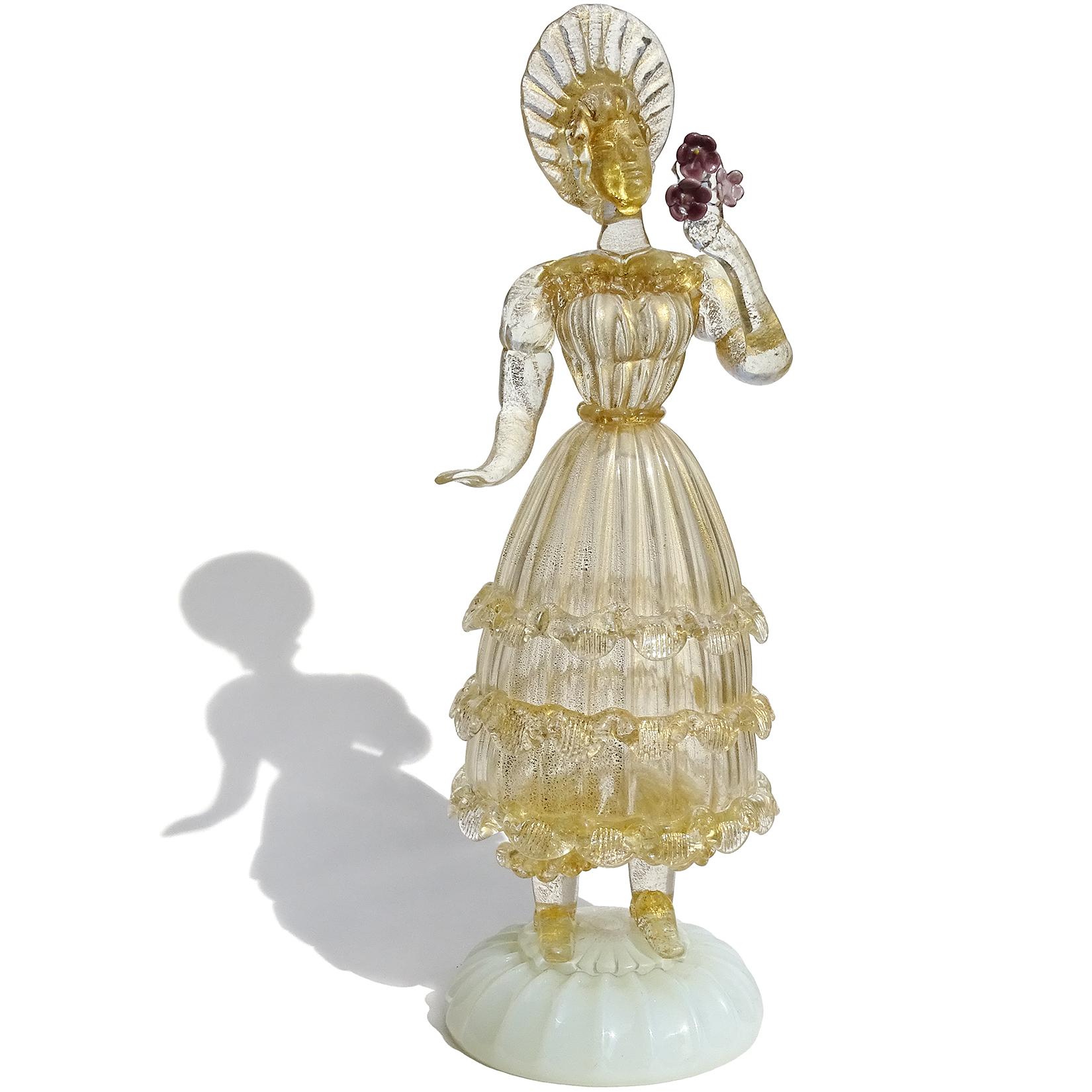 Art Deco Murano Gold Leaf Queen Figure Holding Flowers Italian Art Glass Woman Sculpture For Sale