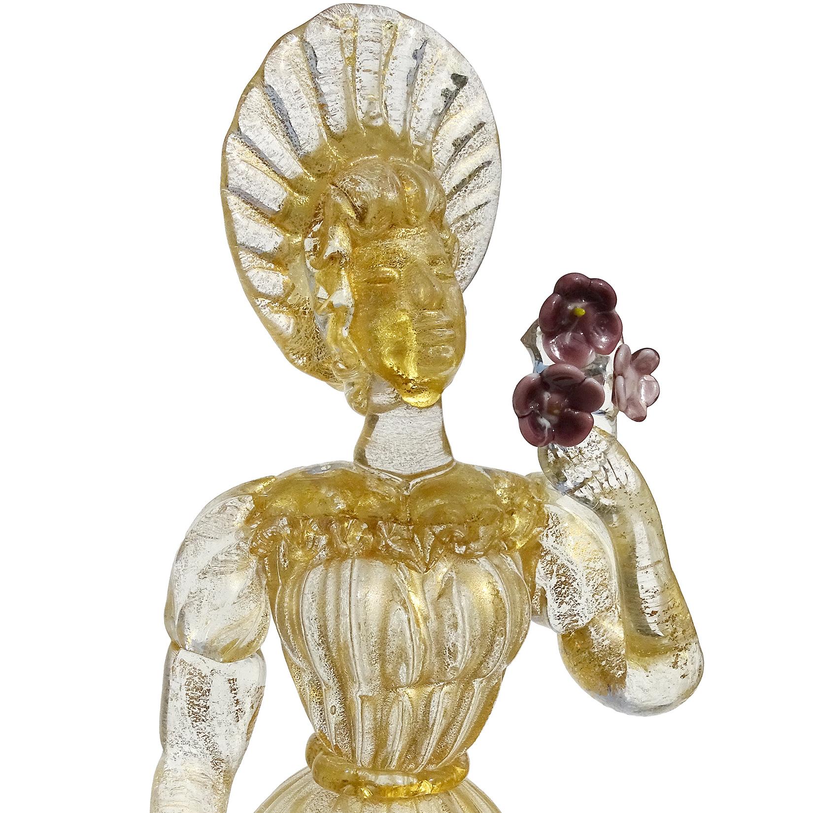 Hand-Crafted Murano Gold Leaf Queen Figure Holding Flowers Italian Art Glass Woman Sculpture For Sale