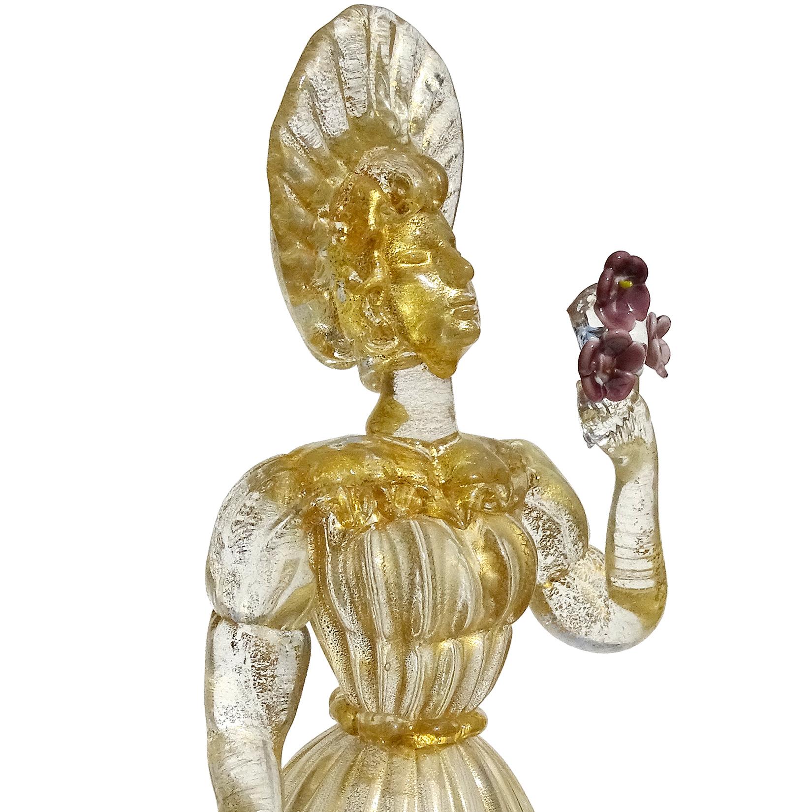 20th Century Murano Gold Leaf Queen Figure Holding Flowers Italian Art Glass Woman Sculpture For Sale