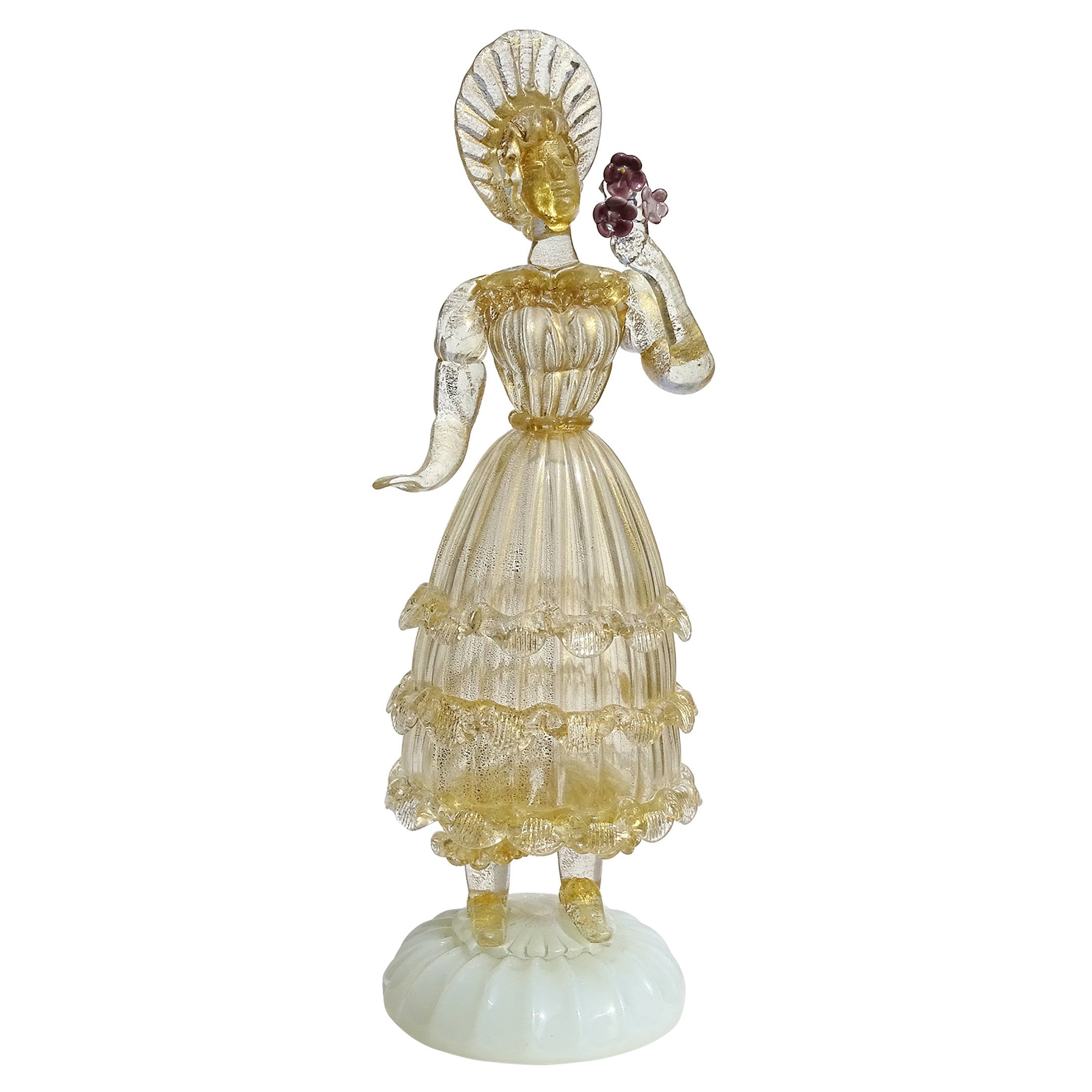 Figura di regina in foglia d
oro di Murano con fiori in mano Scultura di donna in vetro artistico italiano