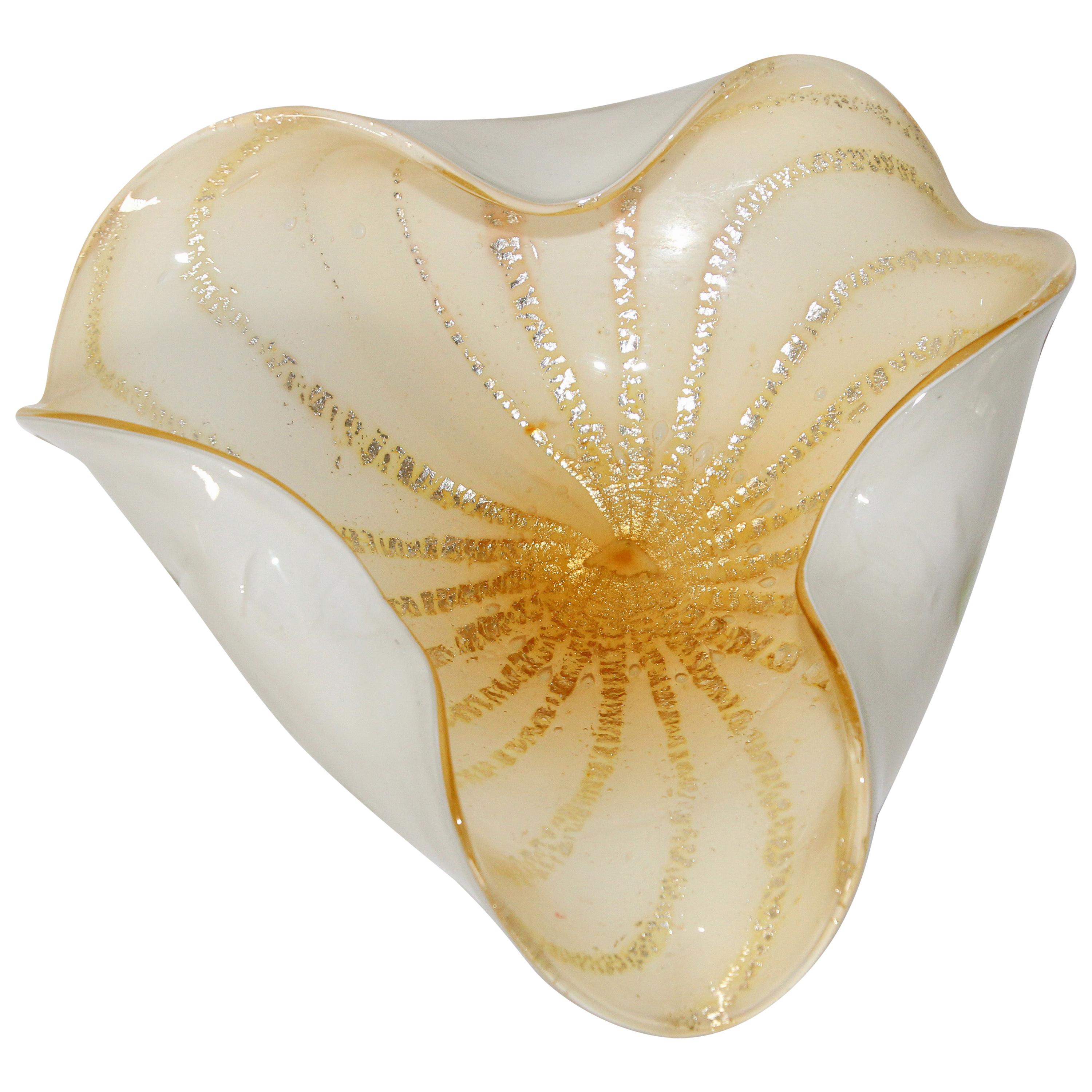 Alfredo Barbini Murano White Gold Venetian Hand Blown Art Glass Bowl For Sale