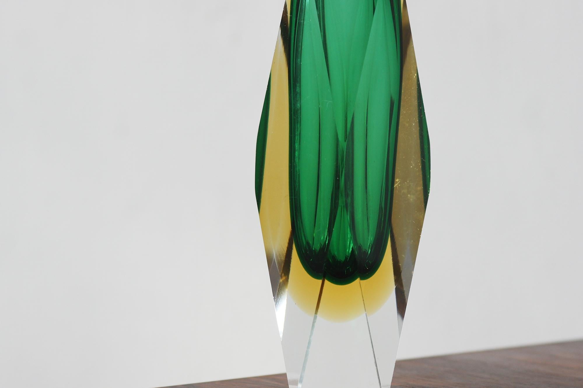 Mid-Century Modern Murano Green & Amber Sommerso Glass Faceted Vase For Sale
