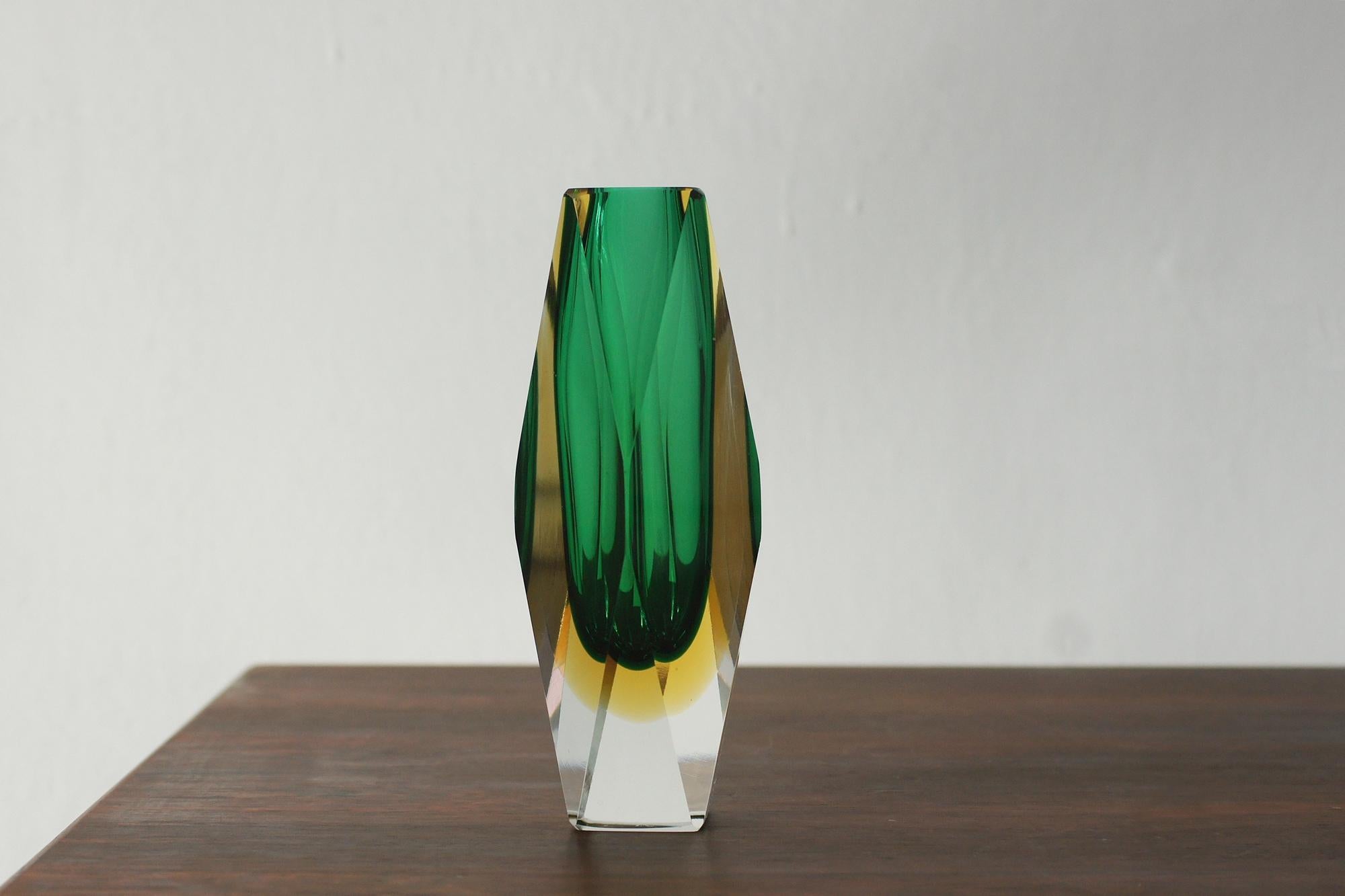 Italian Murano Green & Amber Sommerso Glass Faceted Vase For Sale