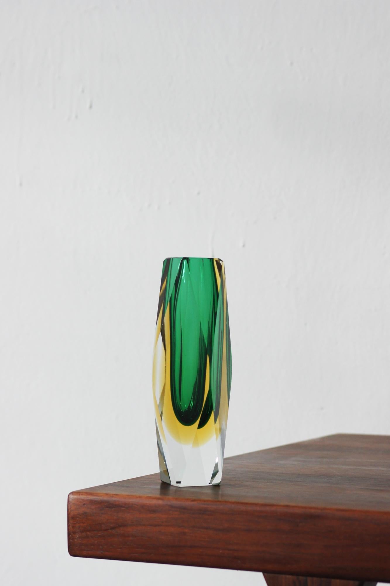 Late 20th Century Murano Green & Amber Sommerso Glass Faceted Vase For Sale