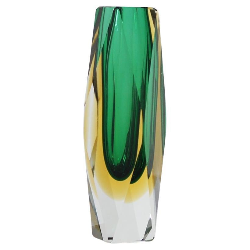Murano Green & Amber Sommerso Glass Faceted Vase For Sale