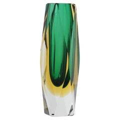 Murano Green & Amber Sommerso Glass Faceted Vase