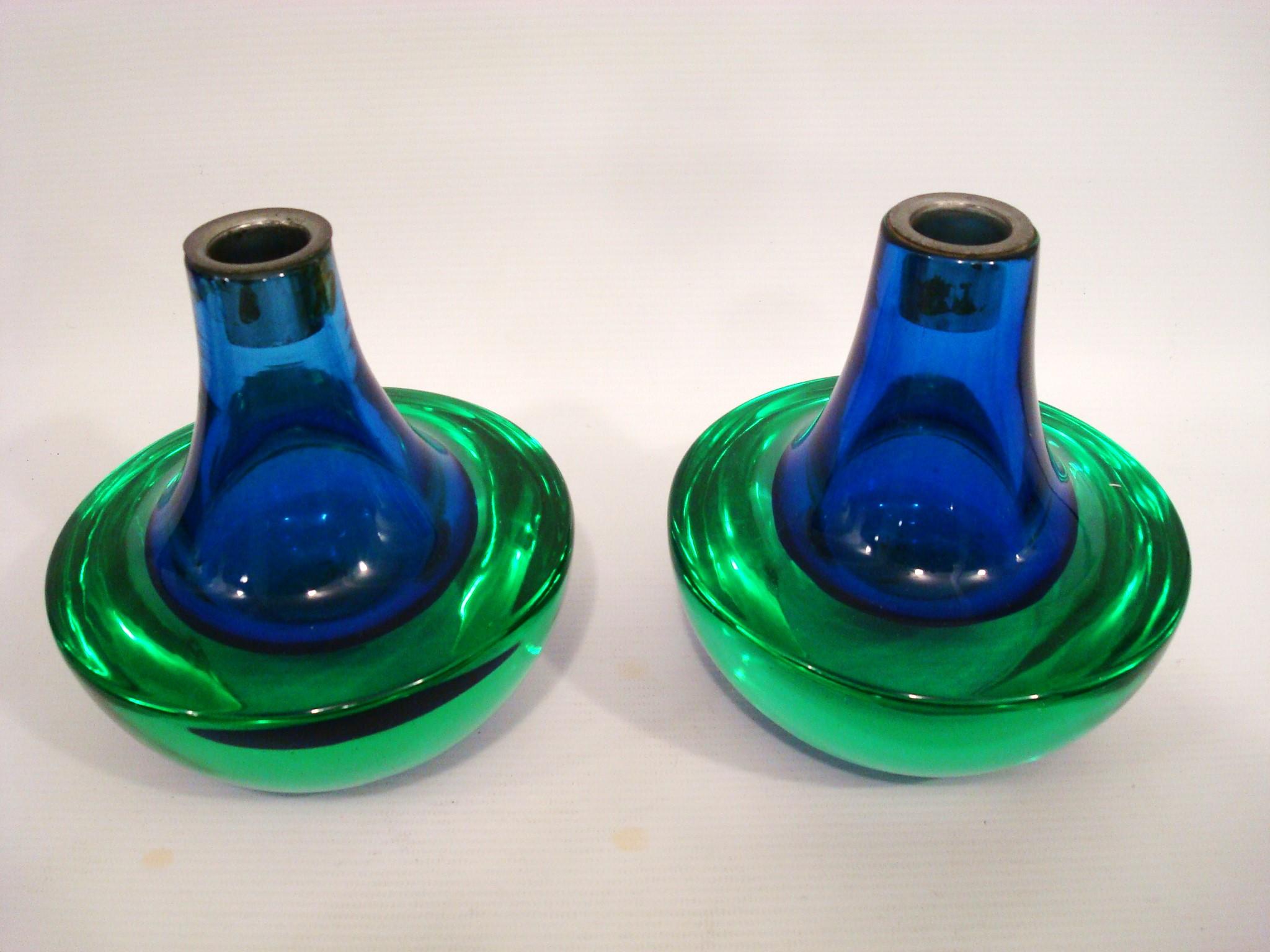 Murano Green and Blue Glass Mid-Century Candelabras / Candle Holders. Italy 1970 For Sale 4