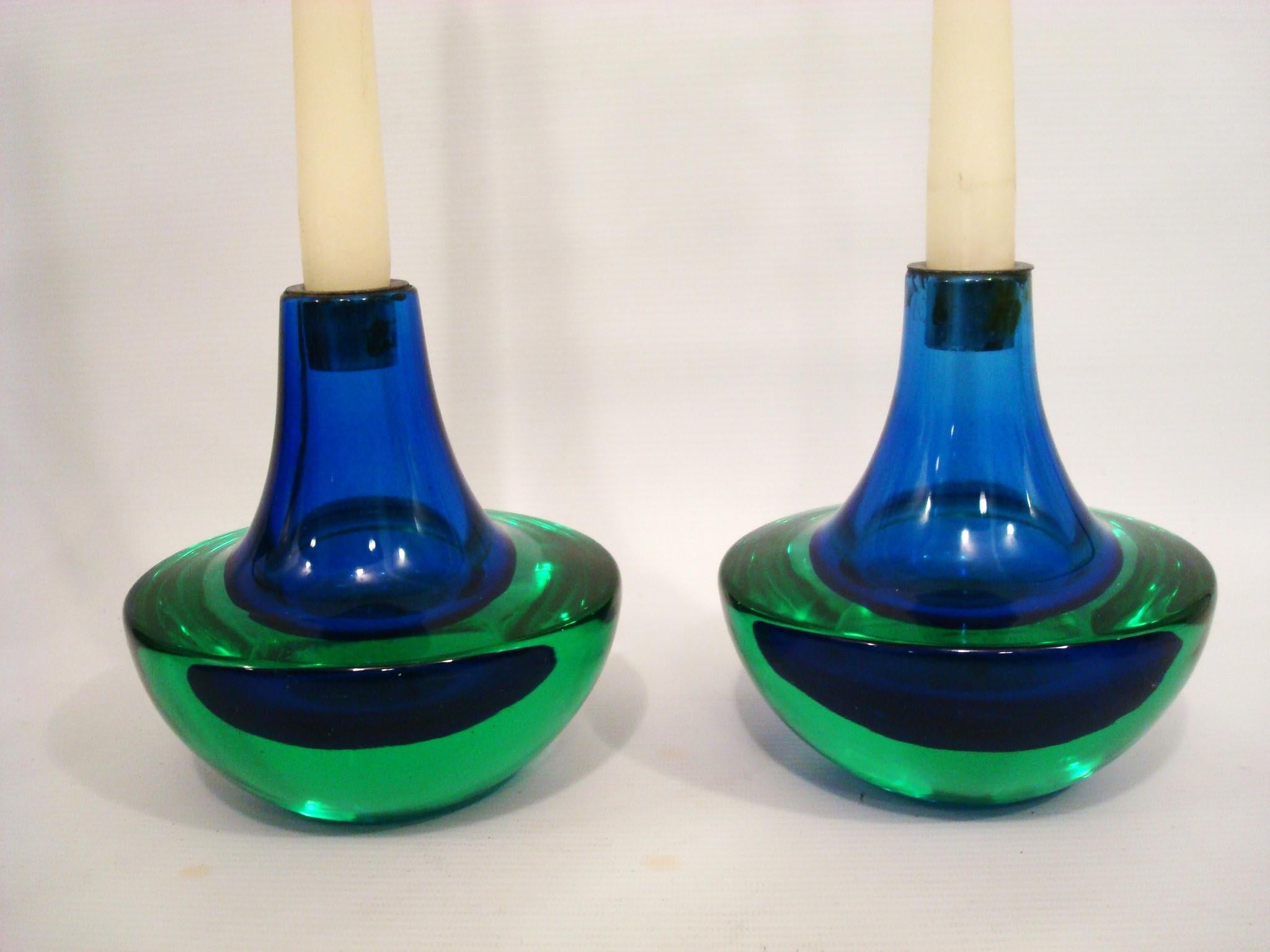 Mid-Century Modern Murano Green and Blue Glass Mid-Century Candelabras / Candle Holders. Italy 1970 For Sale