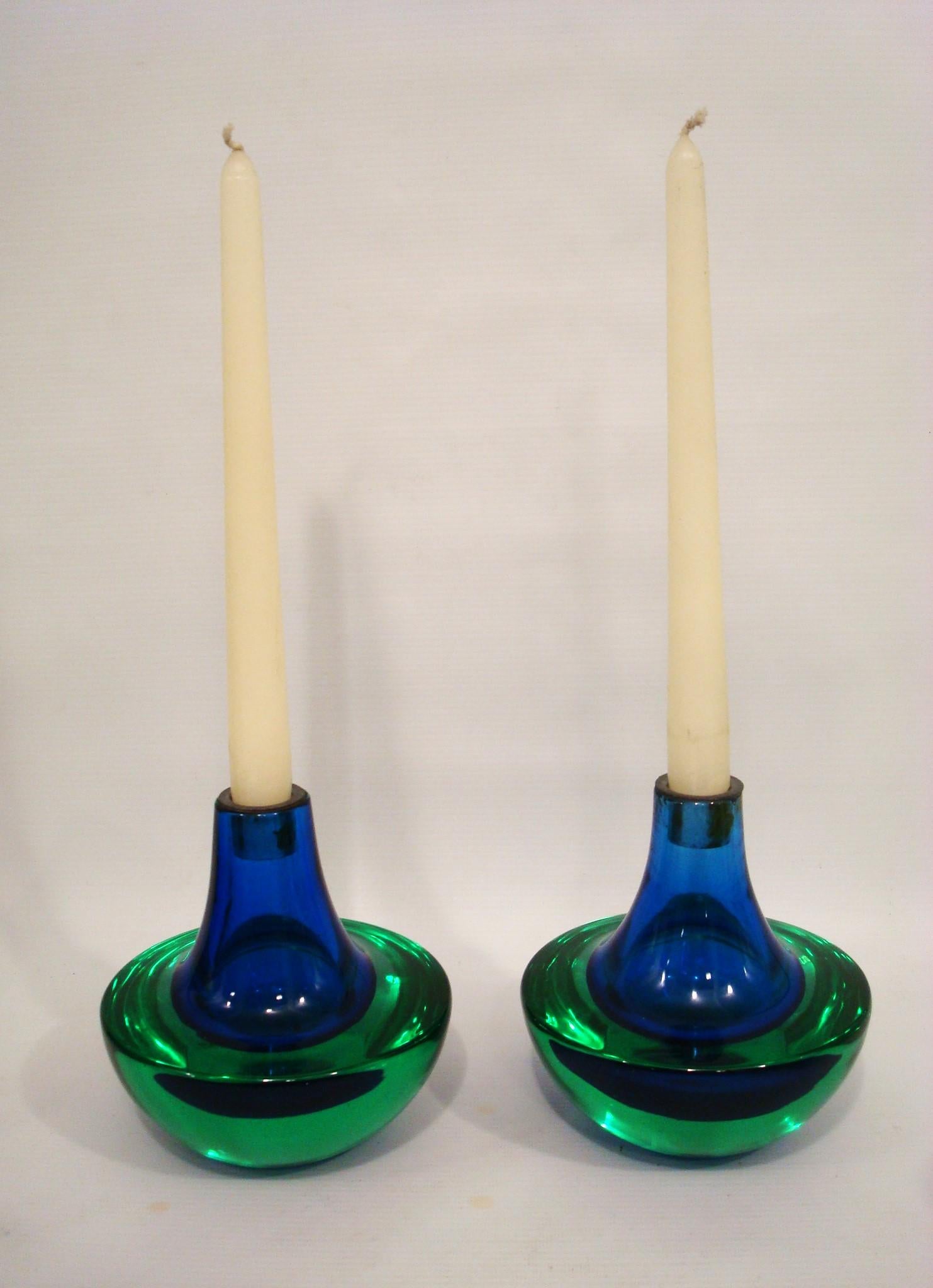 Italian Murano Green and Blue Glass Mid-Century Candelabras / Candle Holders. Italy 1970 For Sale