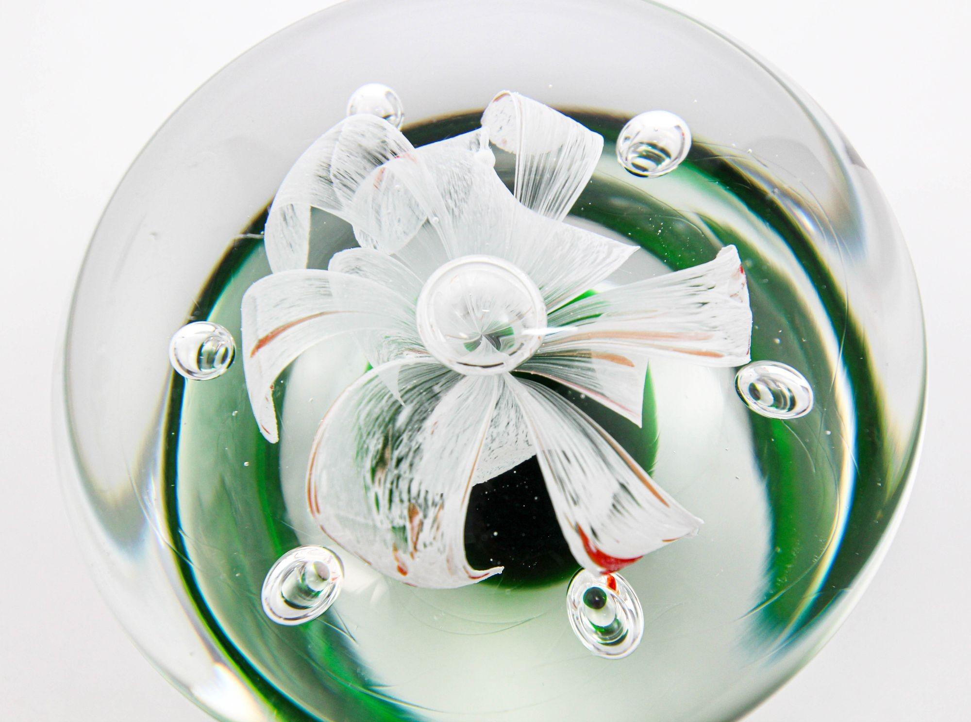 Mid-Century Modern Murano Green and Clear Italian Art Glass Flower Paperweight For Sale