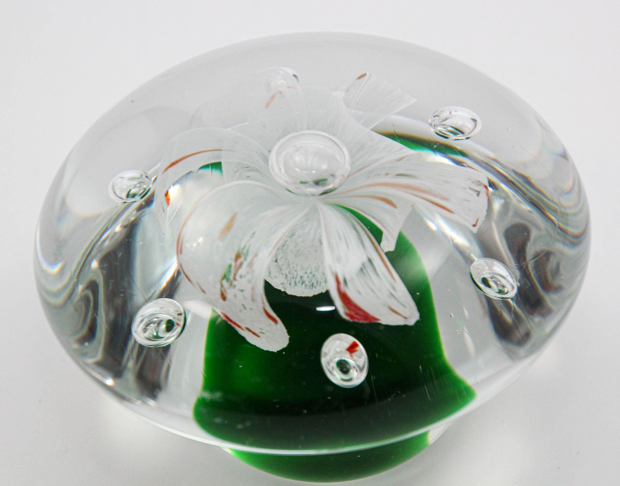 Crystal Murano Green and Clear Italian Art Glass Flower Paperweight For Sale