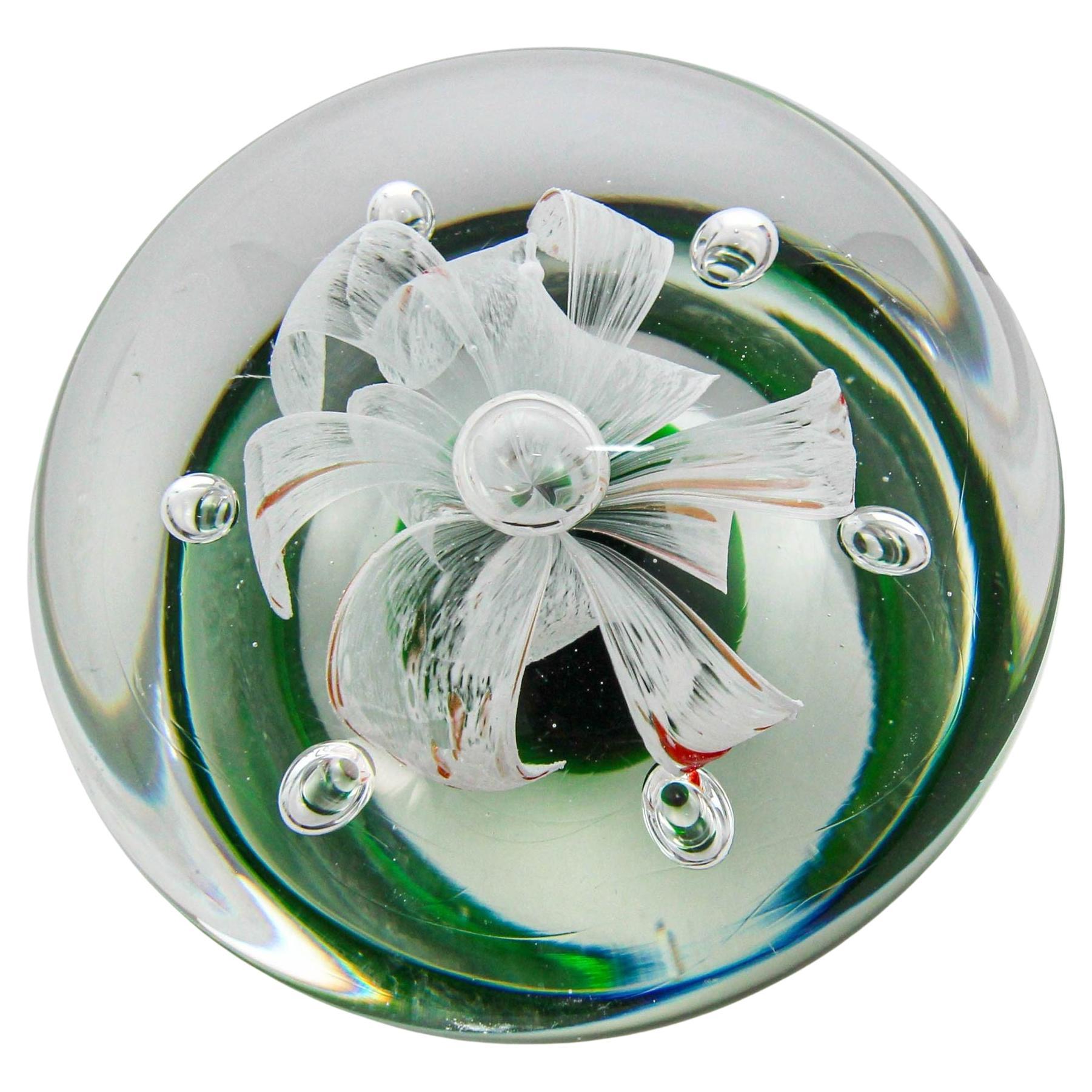 Murano Green and Clear Italian Art Glass Flower Paperweight For Sale