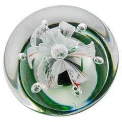 Murano Green and Clear Italian Art Glass Flower Paperweight