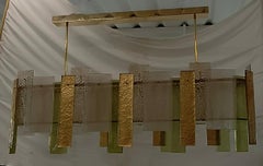 Murano Green and Gold Art Glass and Brass Chandelier and Pendants, 2000