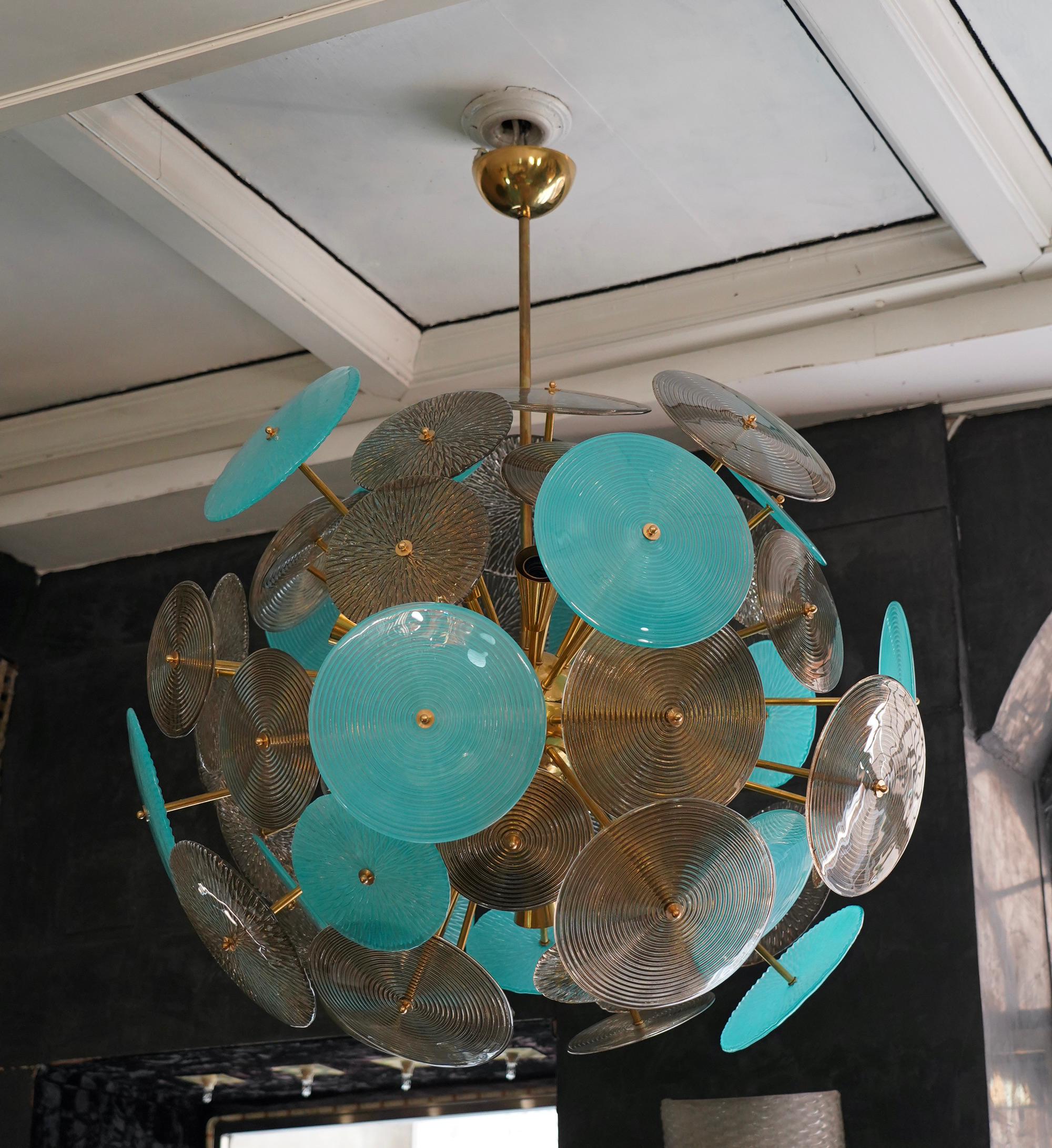 Italian Murano Turquoise and Smoked Glass Sputnik Midcentury Chandelier, 1980