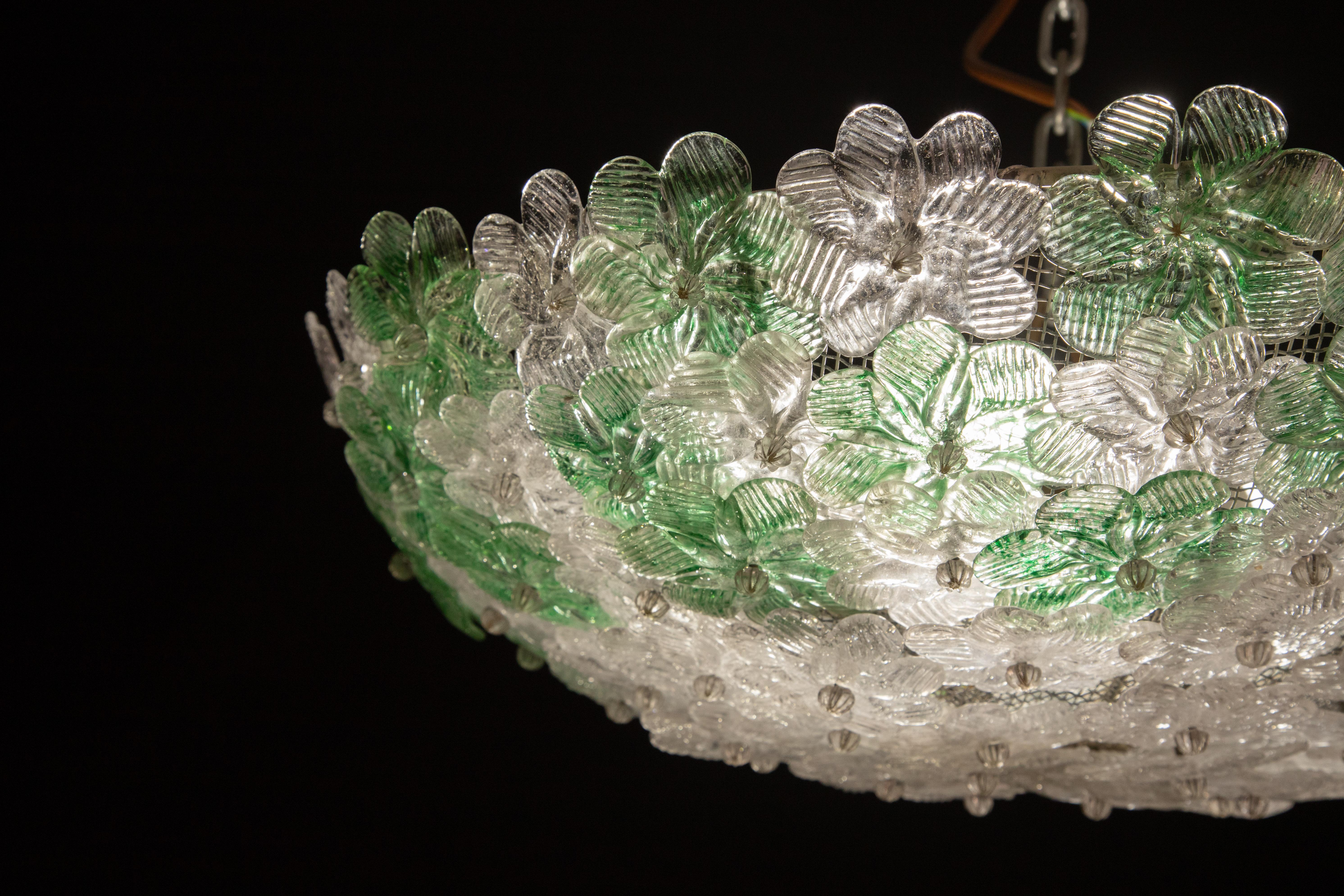 Murano Green and Trasparent Ceiling Light Flower by Barovier, 1960 In Good Condition For Sale In Roma, IT
