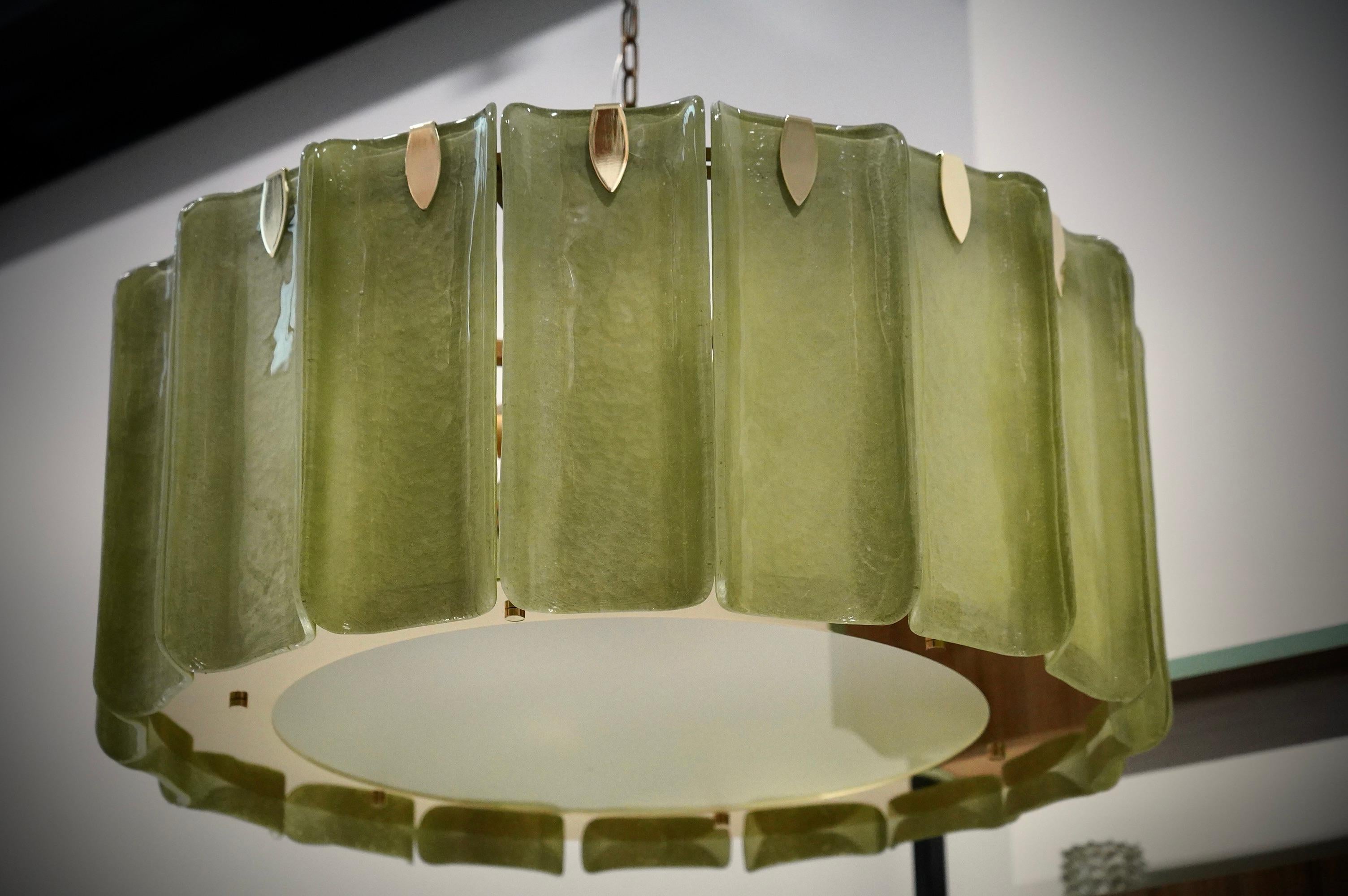 Contemporary Murano Green Art Glass and Brass Chandelier and Pendant, 2000 For Sale