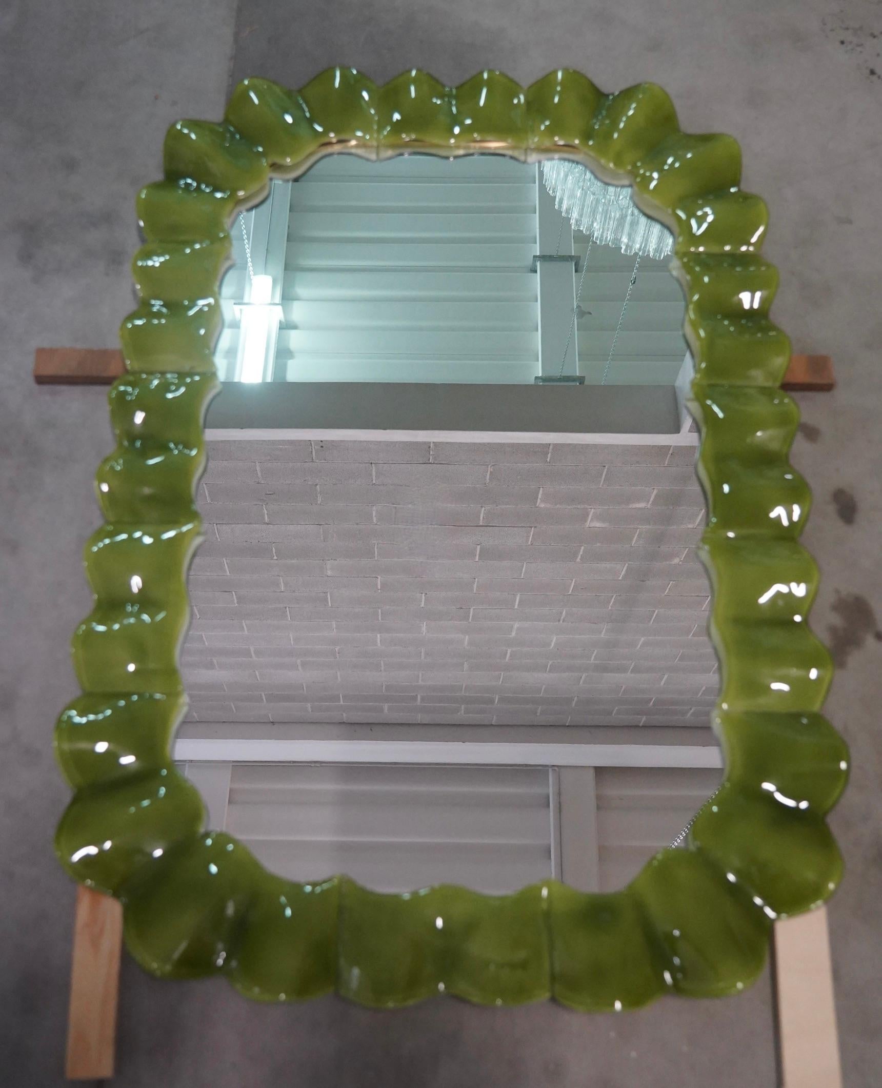 Murano Green Art Glass and Brass Italian Console / Wall Mirror, 2000 For Sale 2